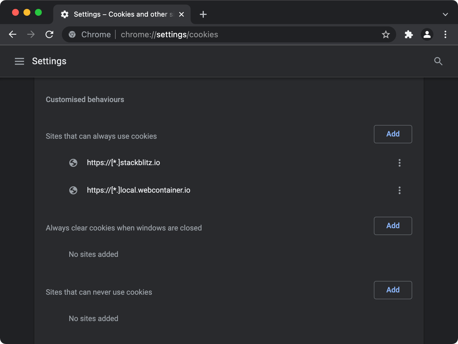 Chrome cookie settings with exceptions for stackblitz.io and local.webcontainer.io domains.