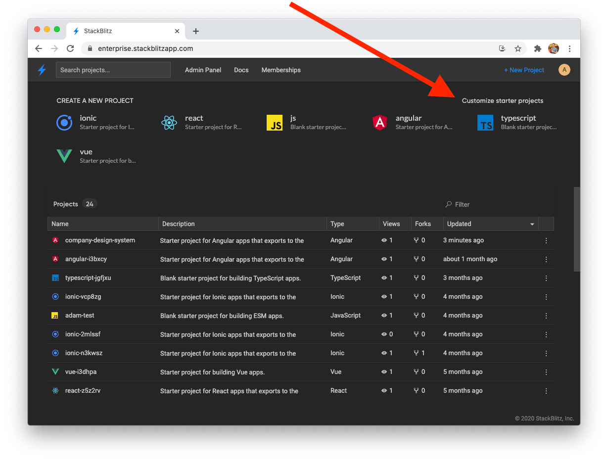StackBlitz dashboard with a “Customize starter projects” link in the “Create a new project” section