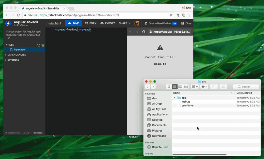 Animation of dragging files from a local folder onto the StackBlitz editor sidebar