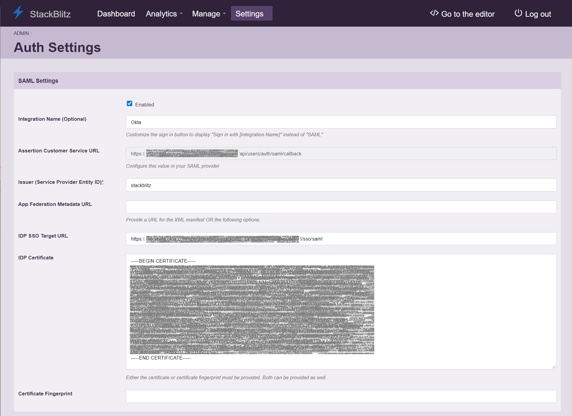 Okta SAML config in StackBlitz Admin Panel