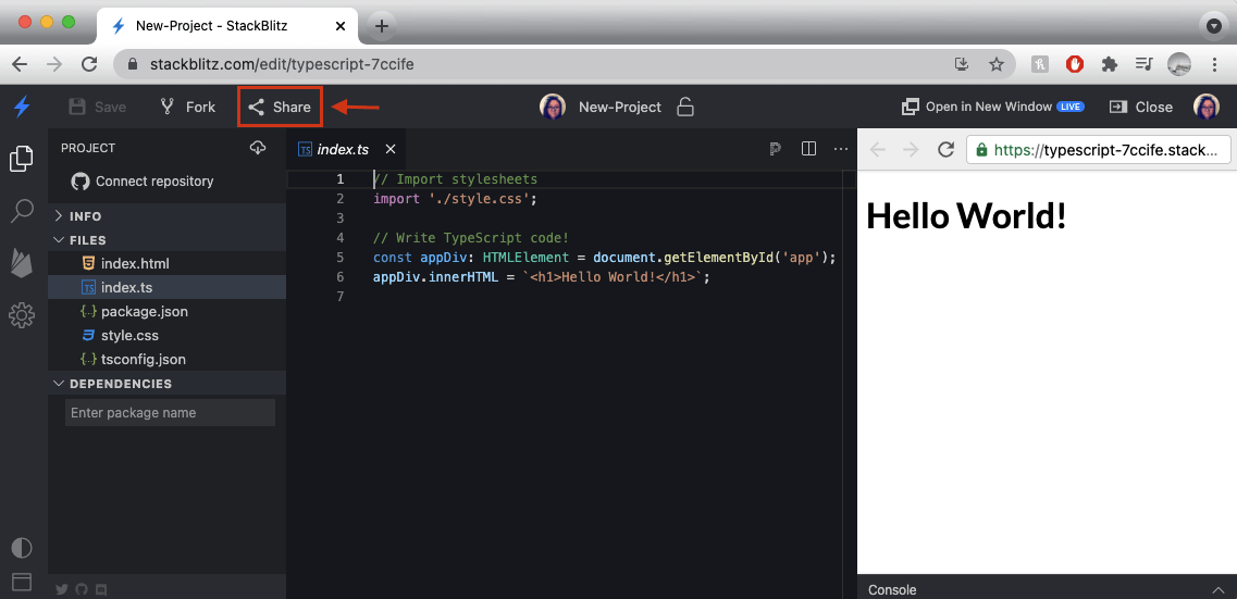 Share Button in StackBlitz Editor